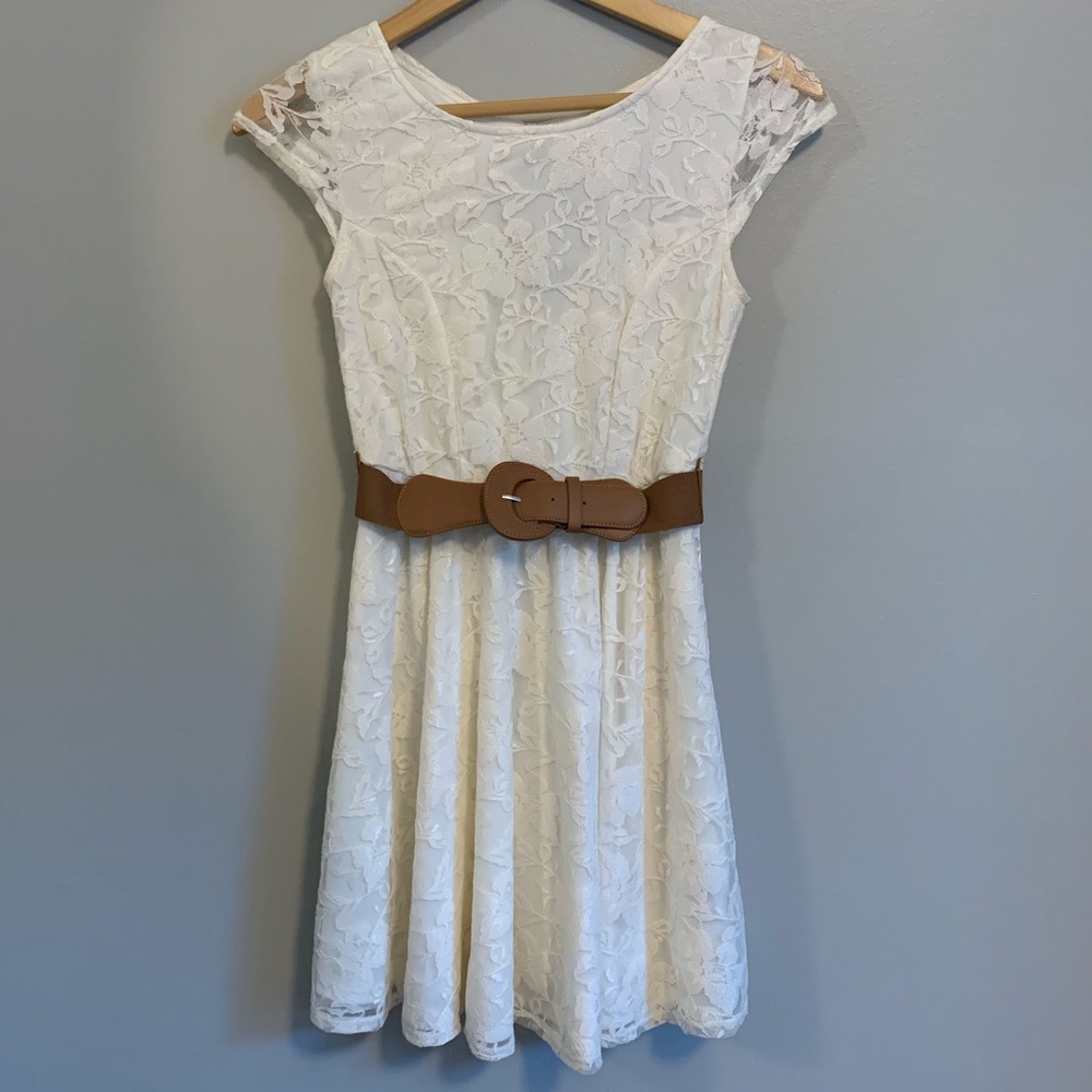 Ivory lace fit and flare dress, back cut out